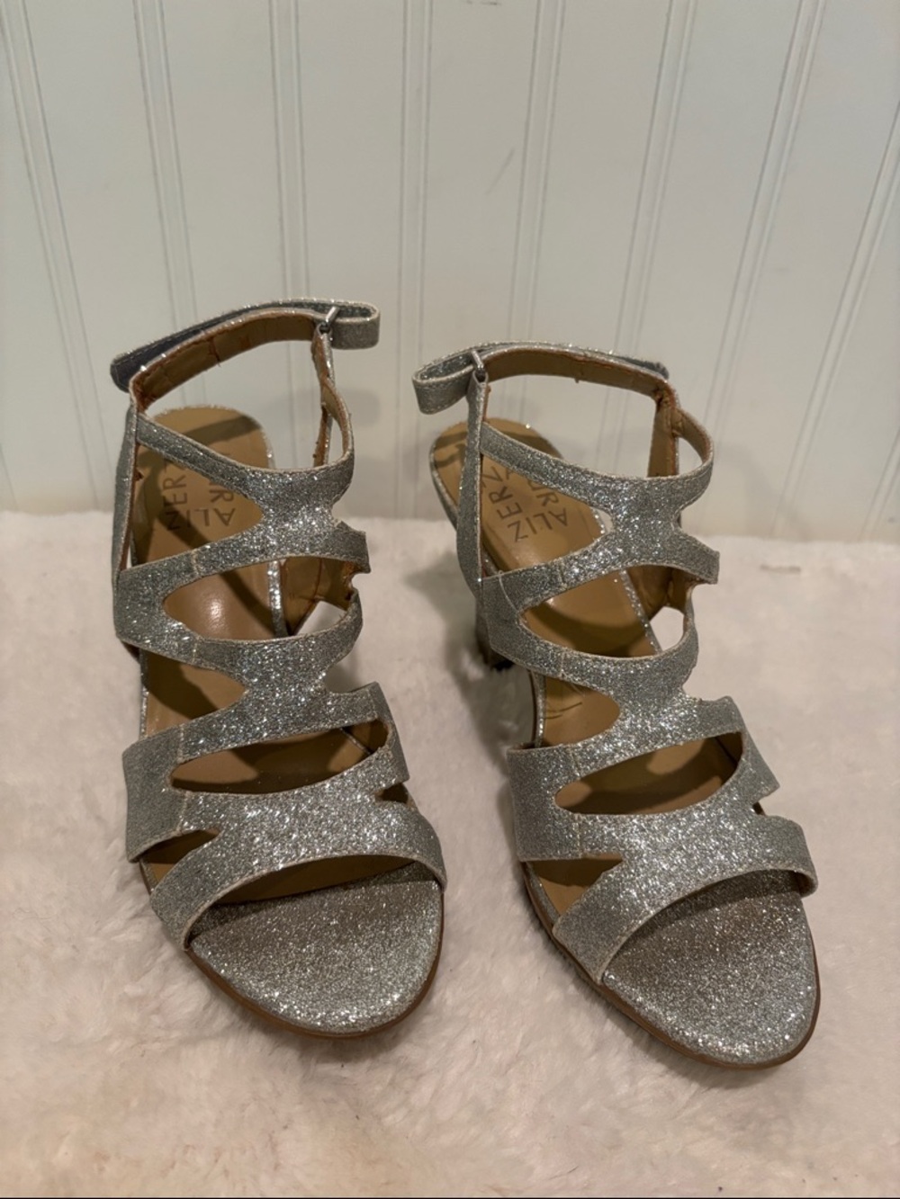 Naturalizer Silver Glitter Strappy Ankle-Heel Sandals